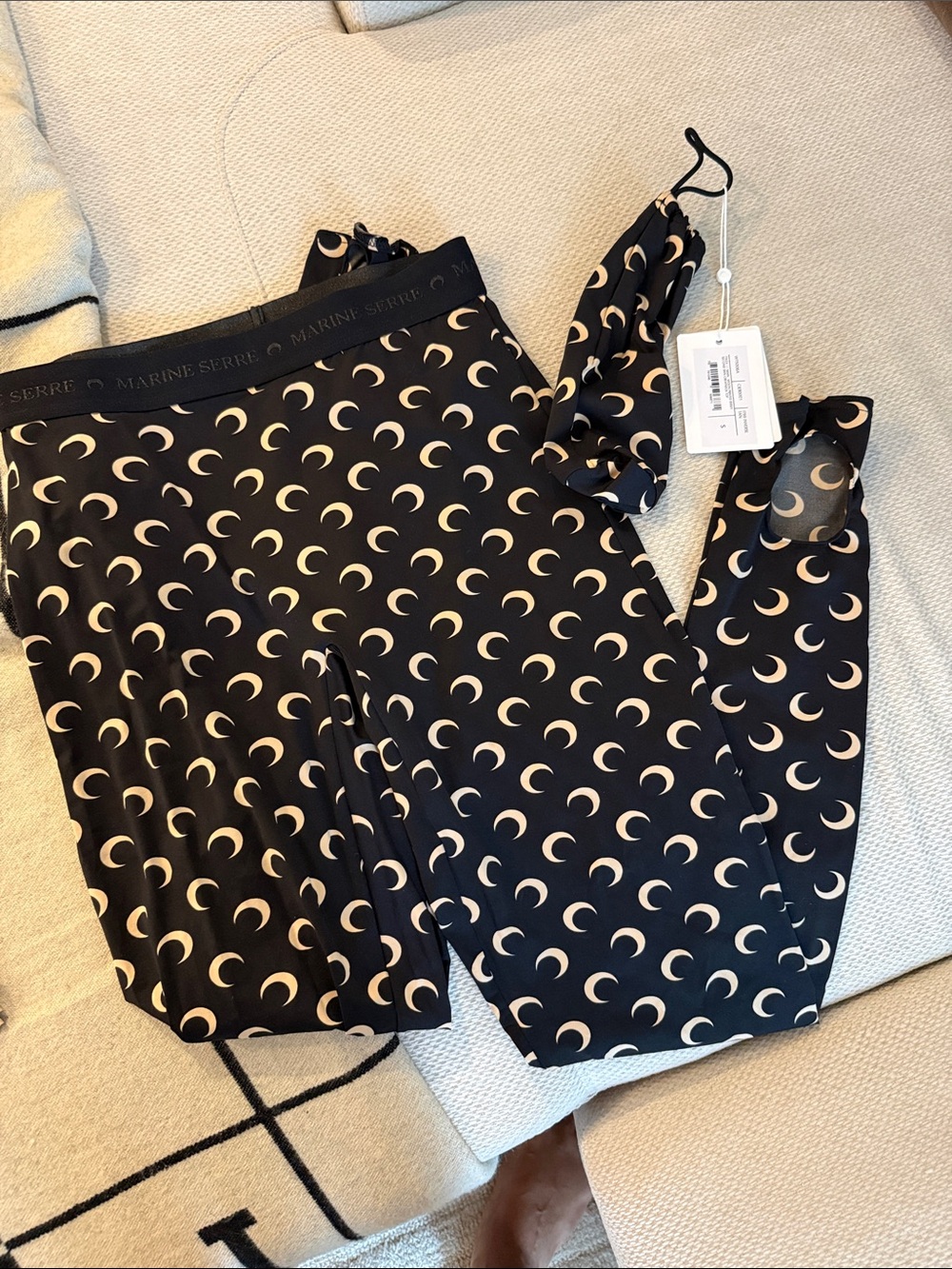 Marine Serre Black Leggings with Cream Crescent Moons